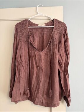 Lucky Brand Dusty Rose Smocked Yoke Peasant Tunic